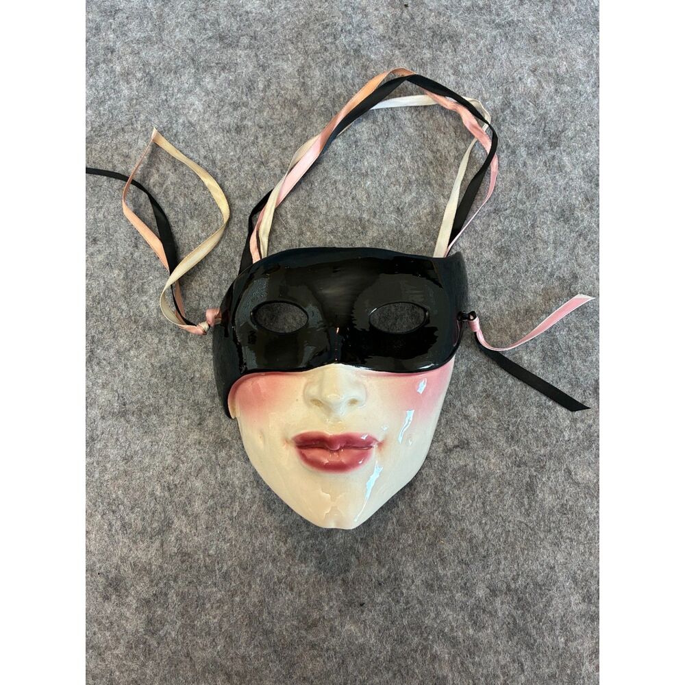 Vintage Ceramic Masquerade Theatrical Mask Halloween Wall Decor Ribbon Art Deco